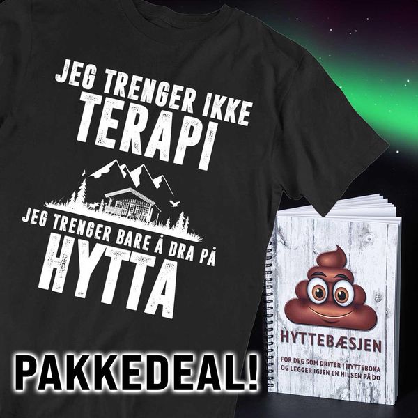 Hovedbilde Hyttebæsjen + Terapi Hytta T-skjorte